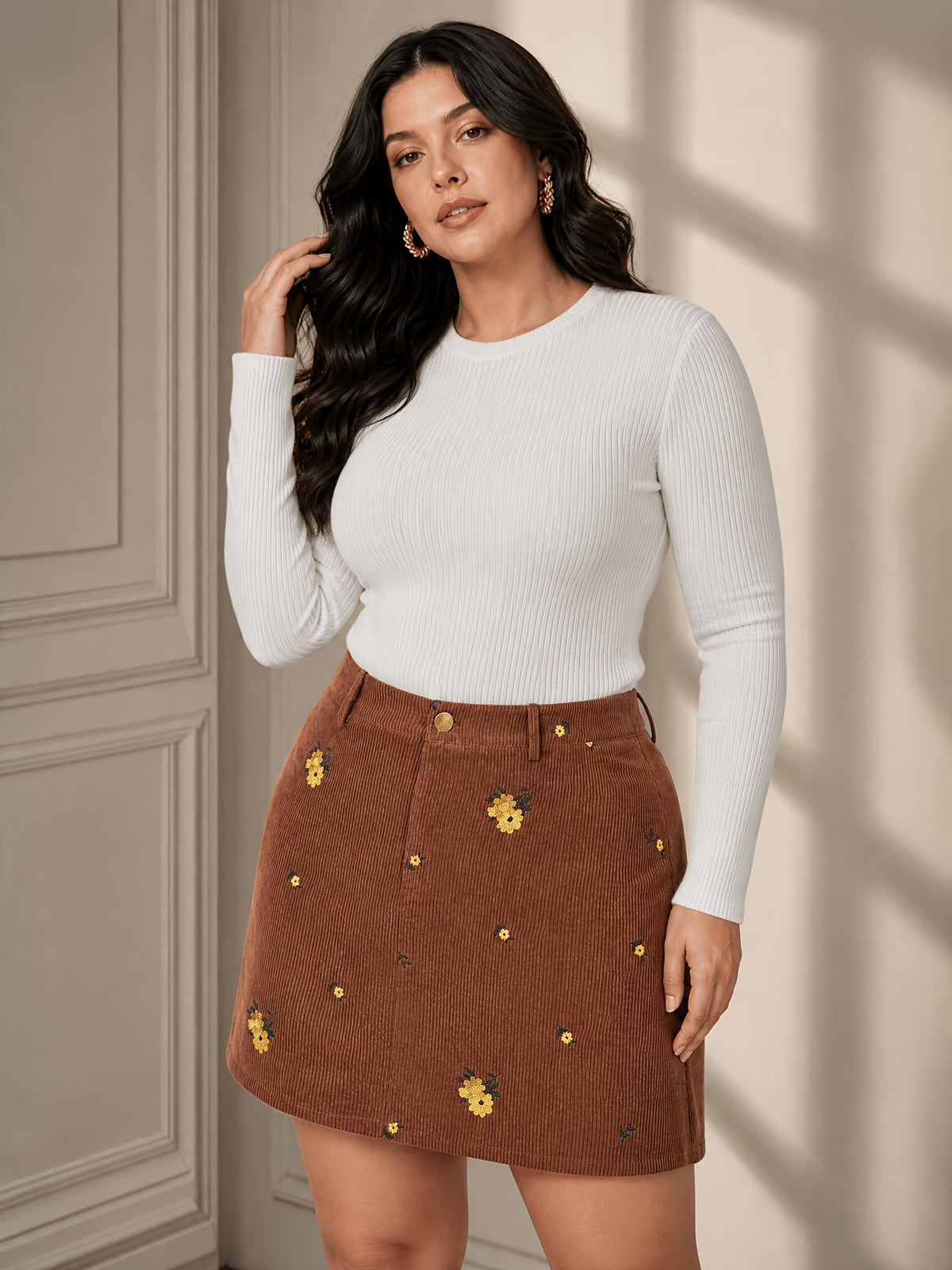 Jupe grande taille en velours côtelé, détail du tissu