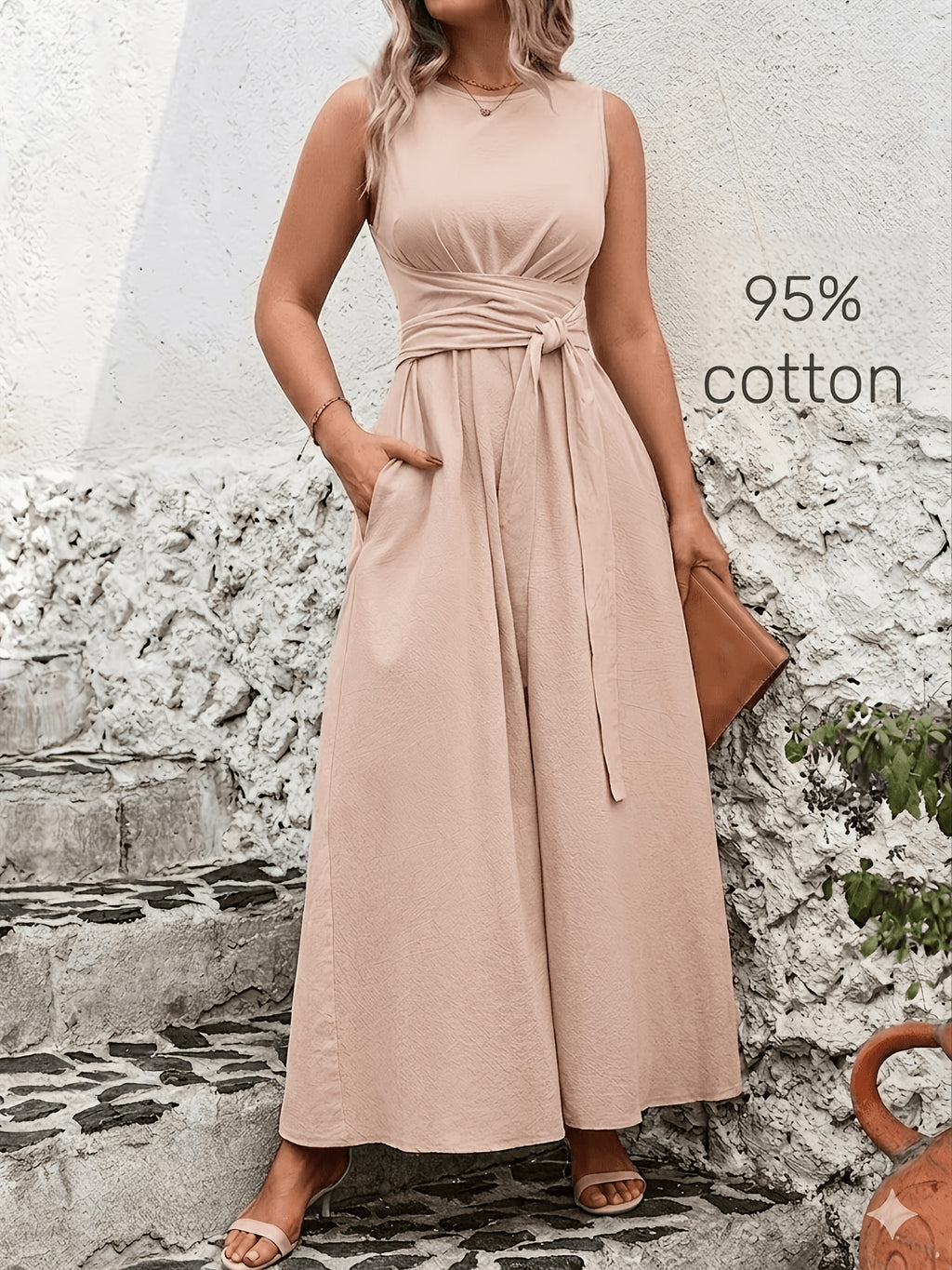 Robe longue grande taille — Coton, ceinture nouée au dos