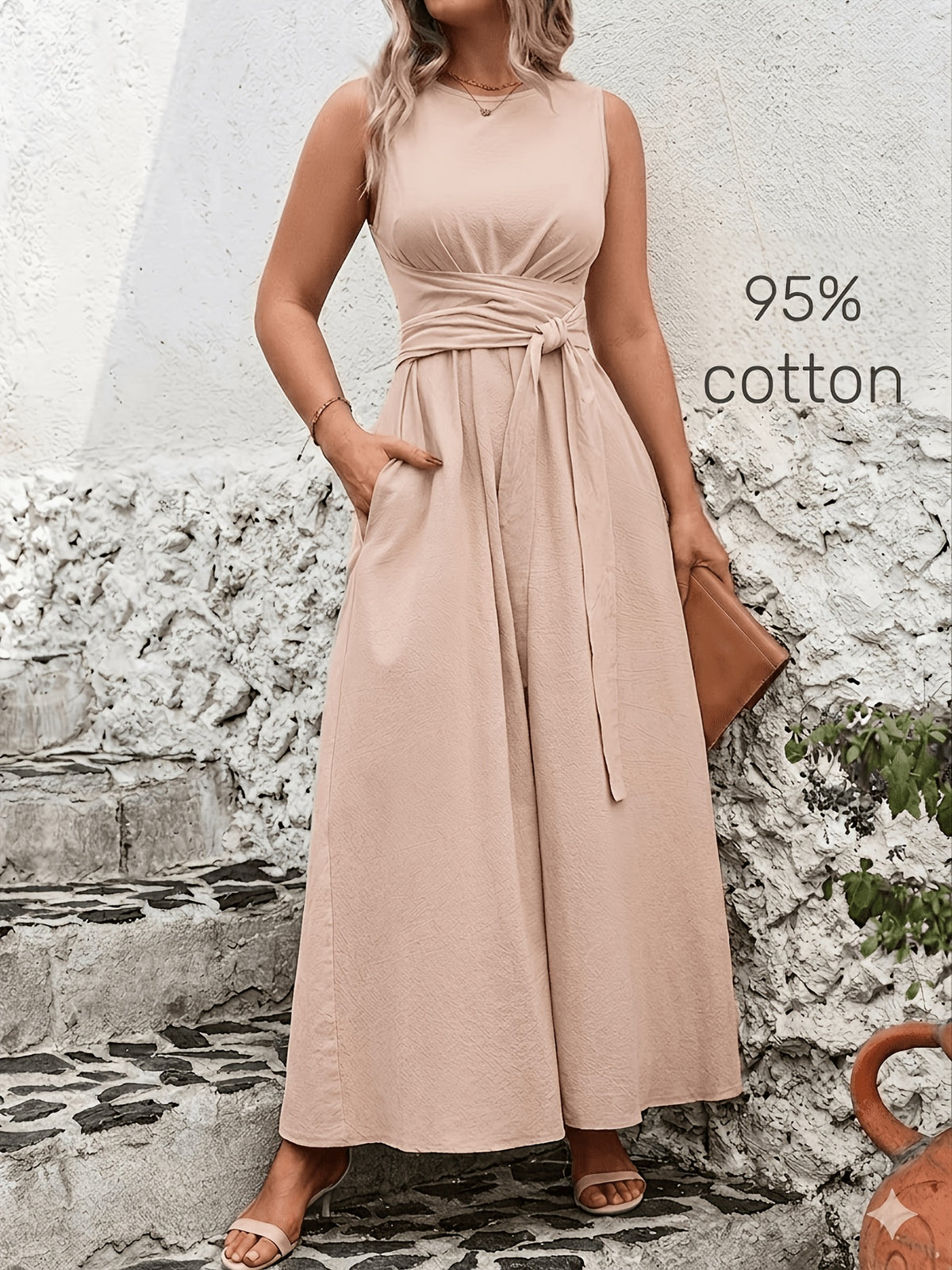Robe longue grande taille — Coton, ceinture nouée au dos