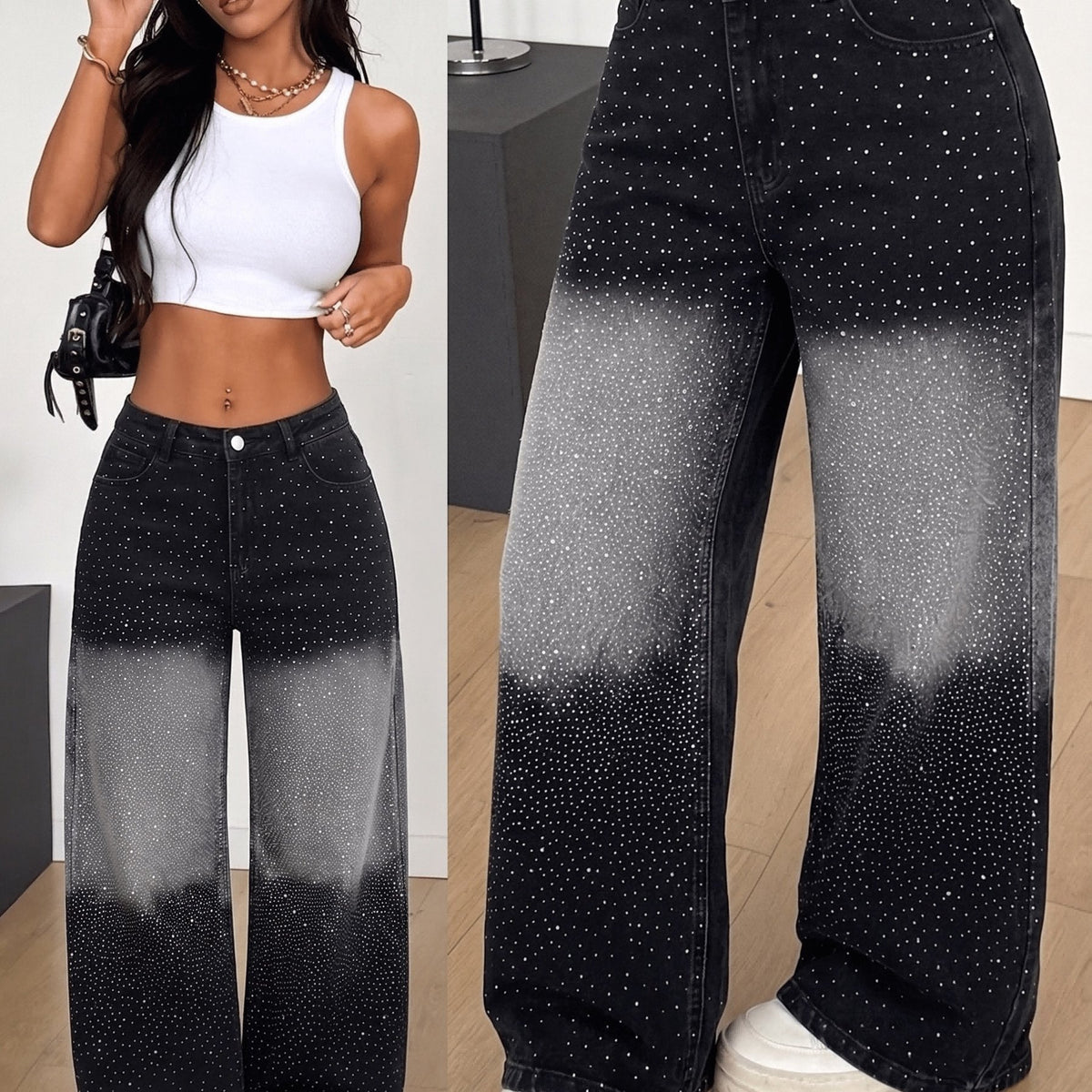 Pantalon grande taille, coupe oversize, strass, tenue franche — matière : denim
