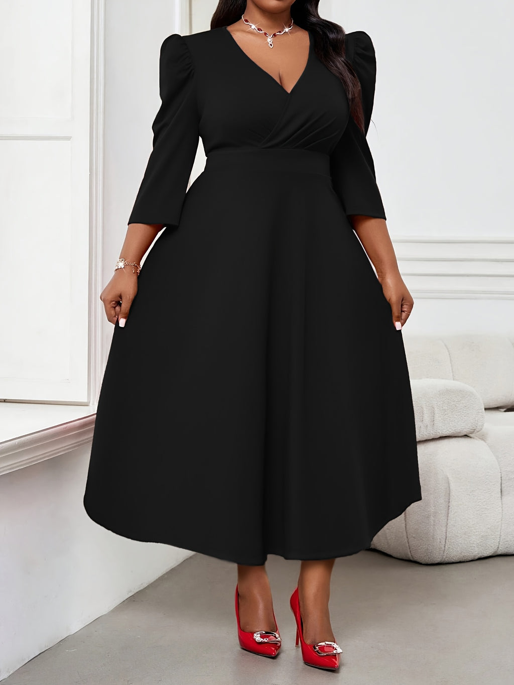 Robe patineuse grande taille — Crêpe extensible manches 3/4
