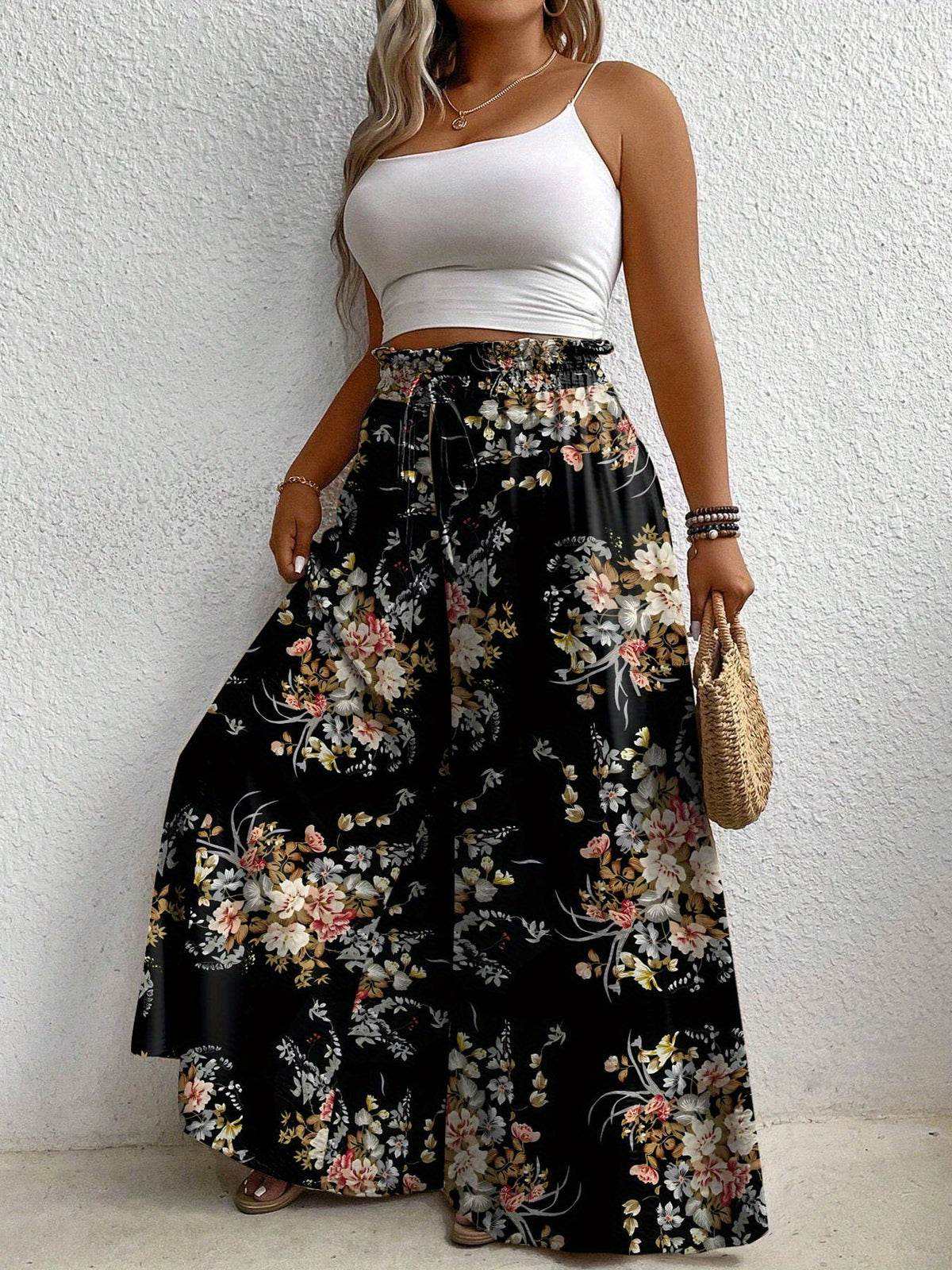 Pantalon grande taille à imprimé fleuri, coupe évasée, cordon