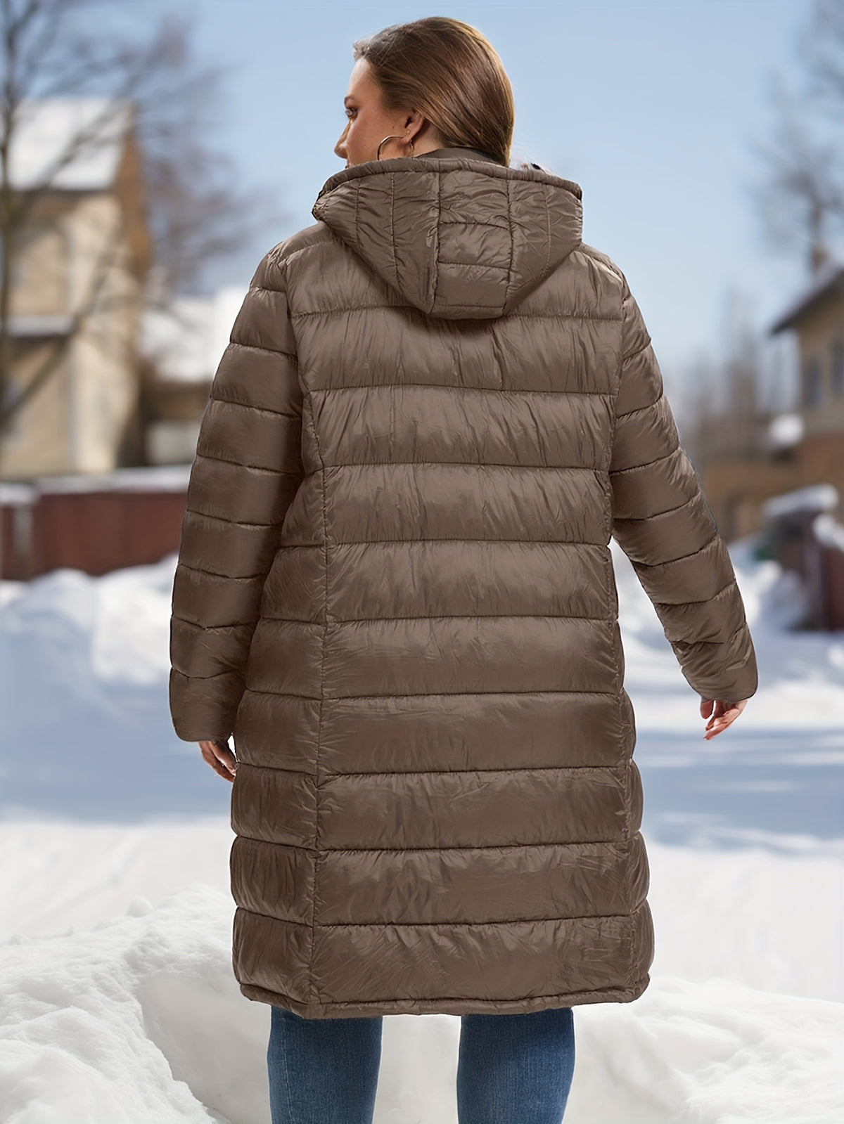Manteau grande taille, col mao, capuche, chaleur d'hiver, gros plan