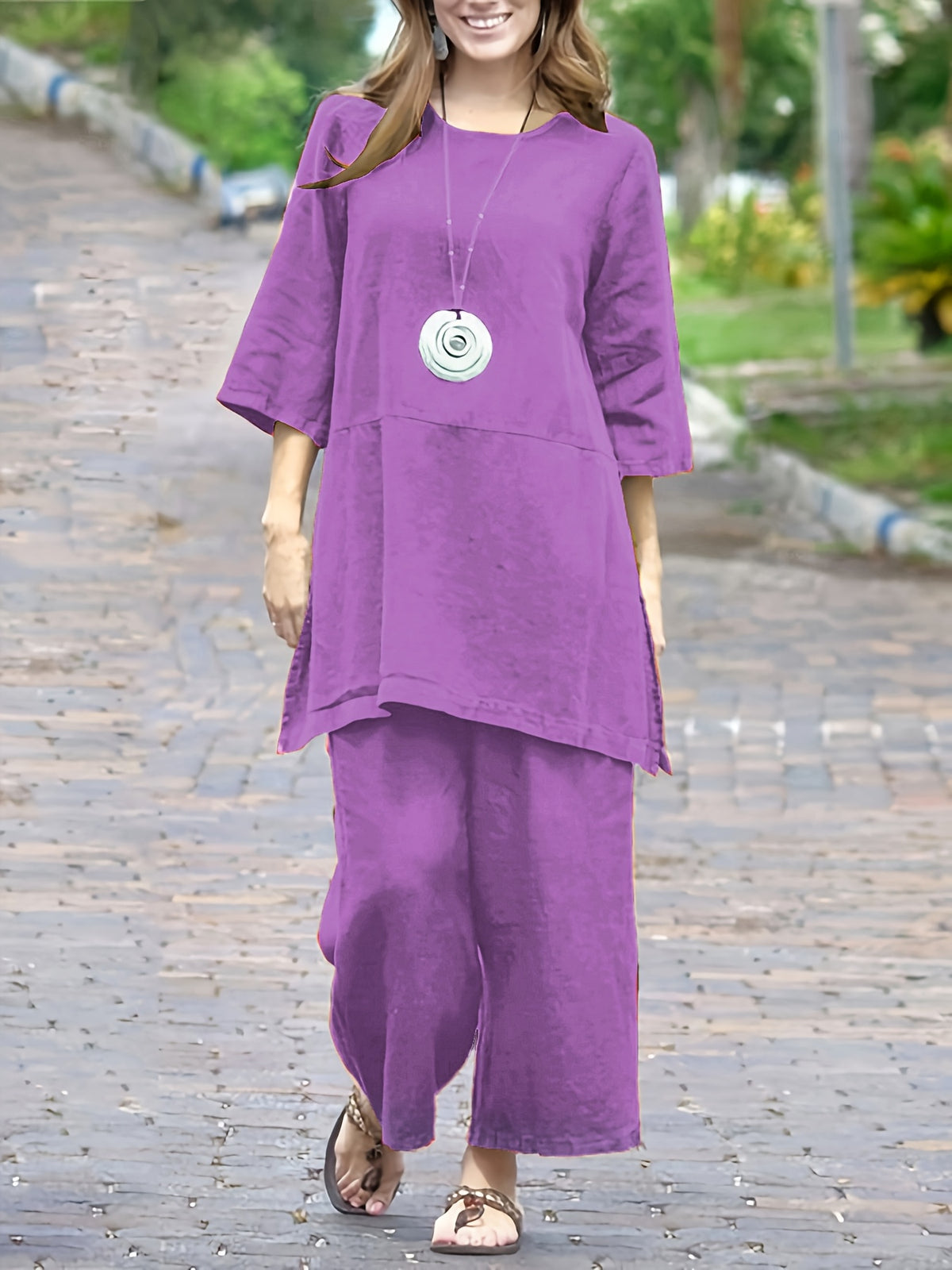 Ensemble grande taille en lin, coupe ample, tenue souple