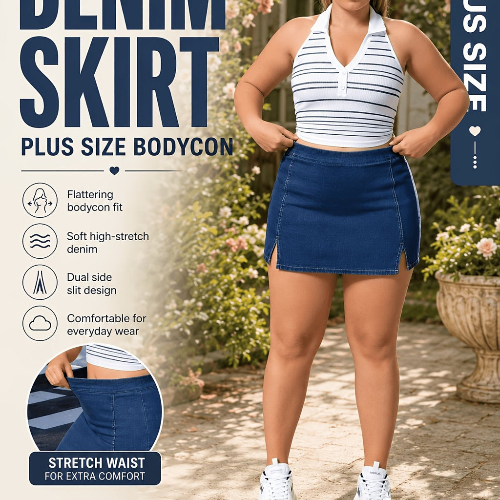 Jupe grande taille, coupe oversize, tenue franche, forte élasticité — matière : denim