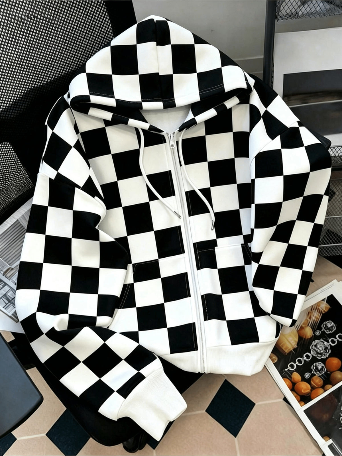 Sweat grande taille à carreaux, capuche — composition : 95% Polyester, 5% Élasthanne