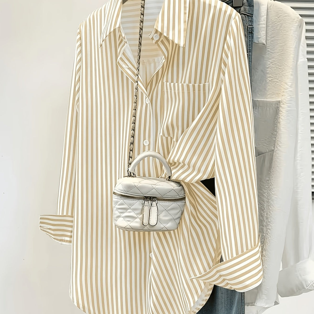 Chemise grande taille à rayures, coupe oversize, col à revers, boutonnage, vu de dos