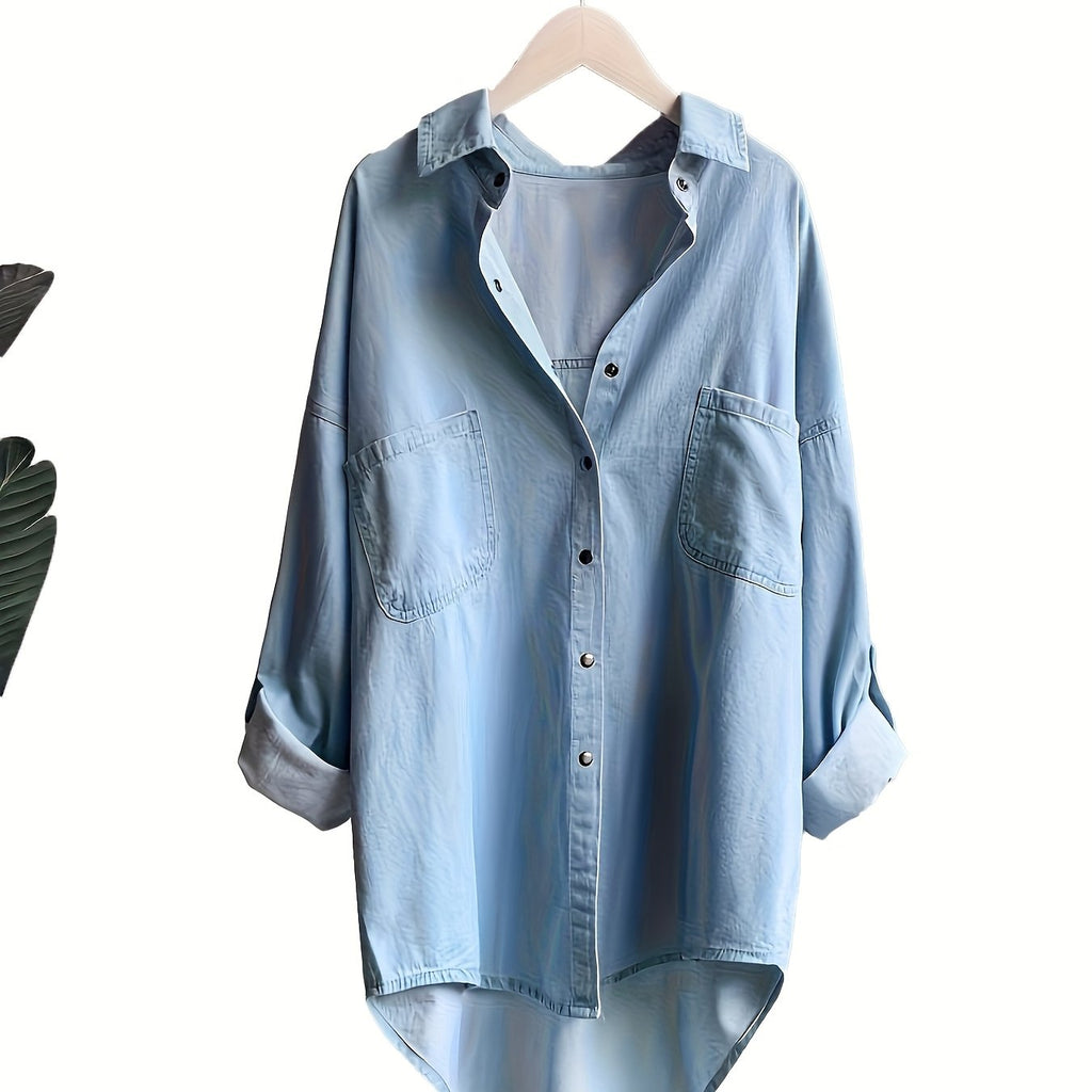 Chemise grande taille, coupe oversize, poches plaquées, manches longues — matière : denim