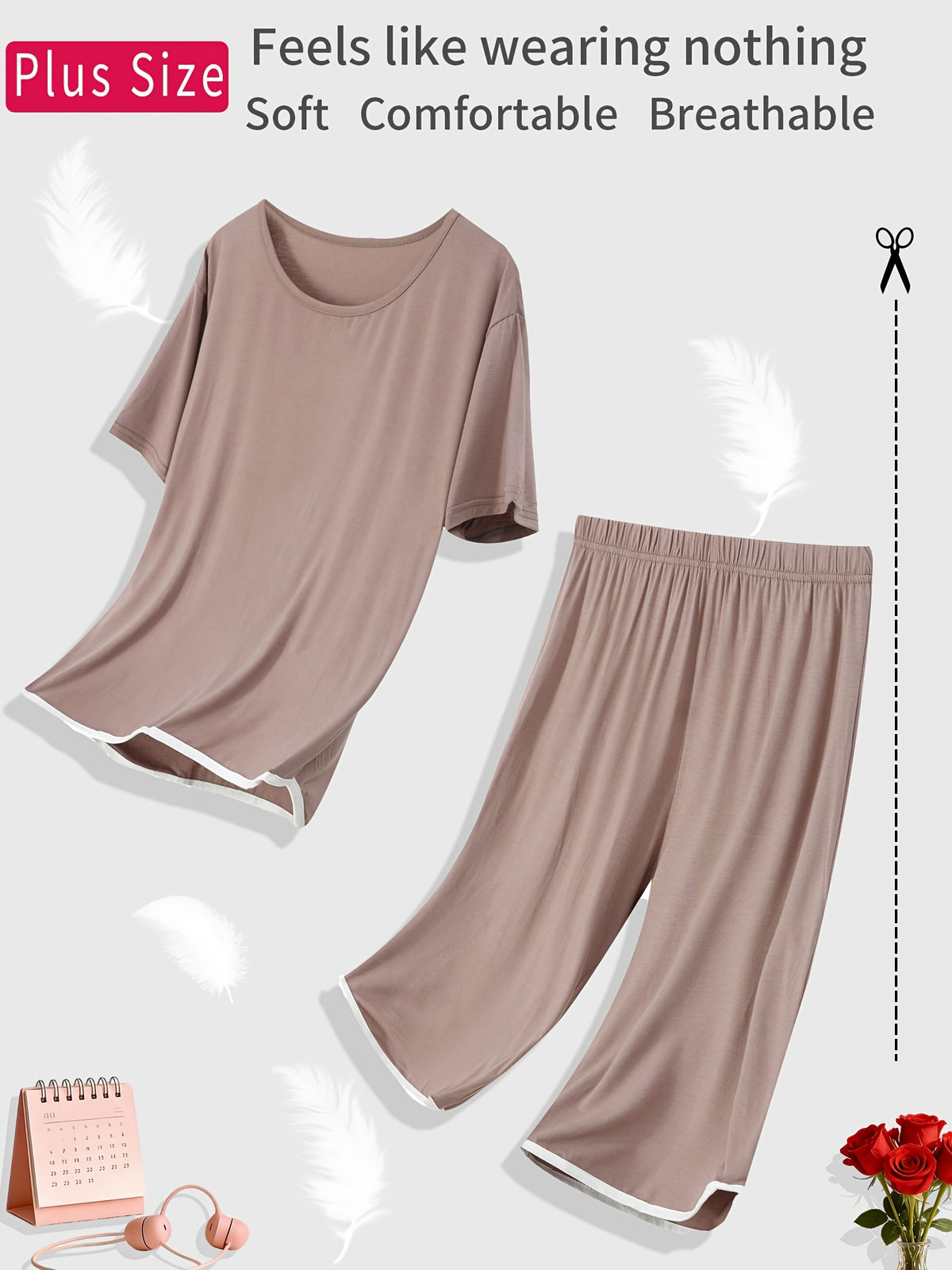 Pyjama grande taille, manches courtes, tombé fluide