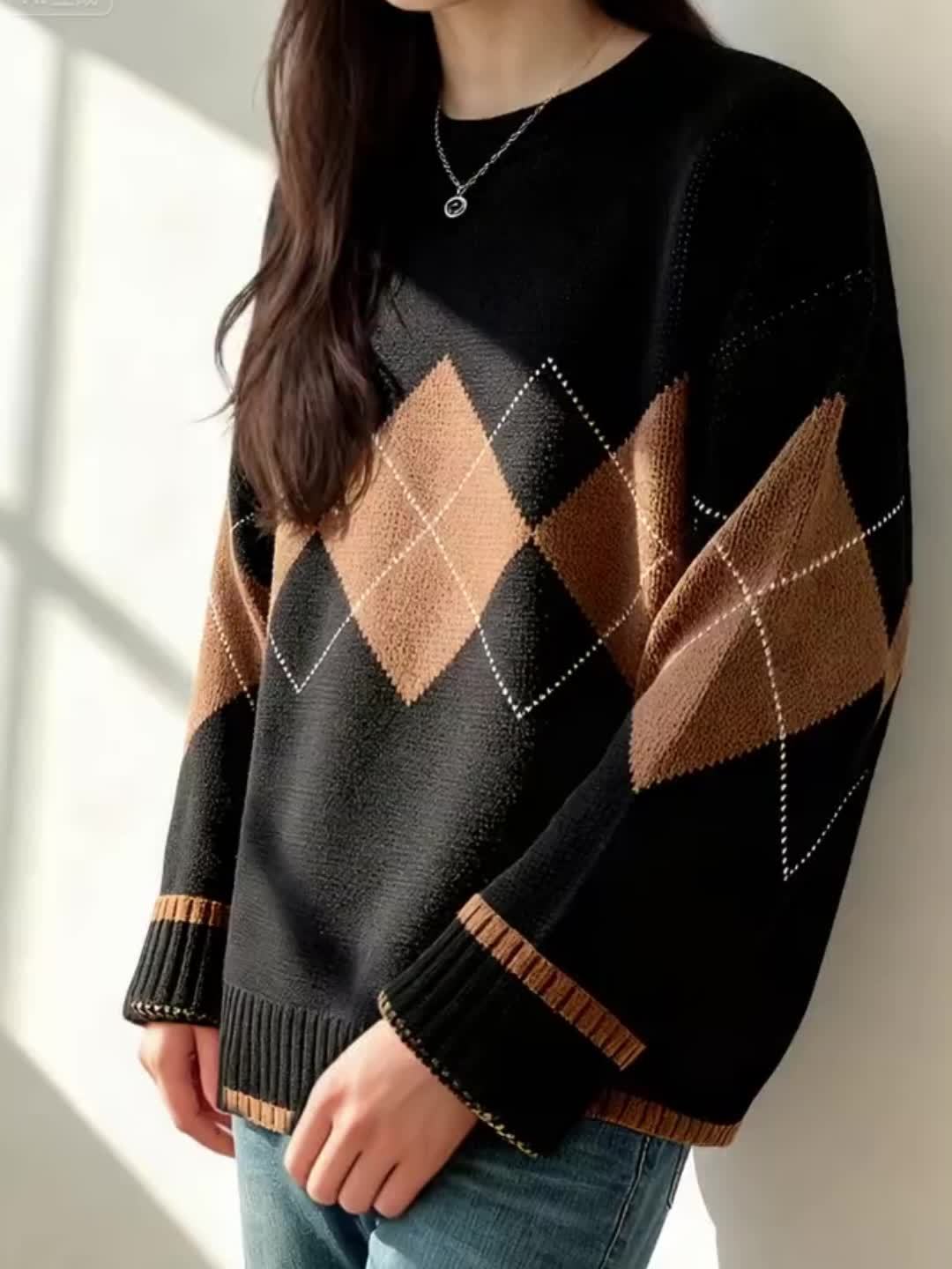 Pull grande taille à imprimé géométrique, toucher moelleux, chaleur d'hiver, gros plan