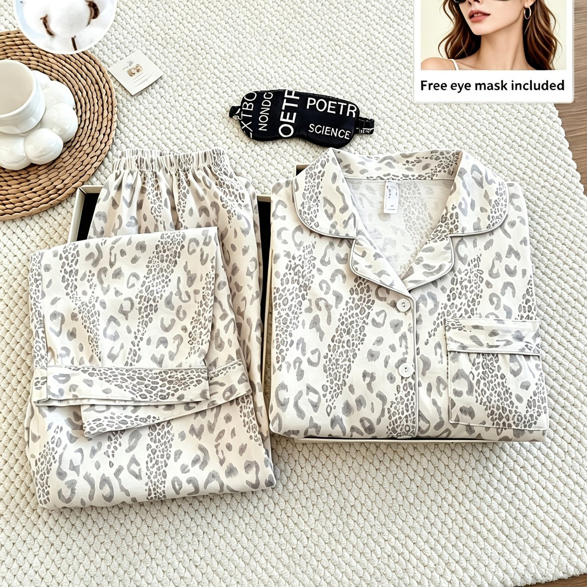Pyjama grande taille à imprimé léopard, toucher naturel, chaleur d'hiver — matière : coton