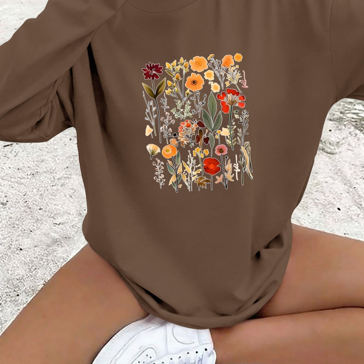 T-shirt grande taille à imprimé fleuri, manches longues, toucher naturel, porté de face