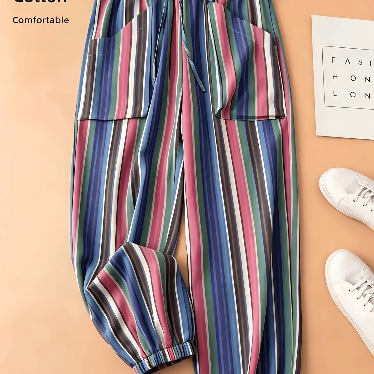 Pantalon grande taille à rayures, coupe droite, cordon Image