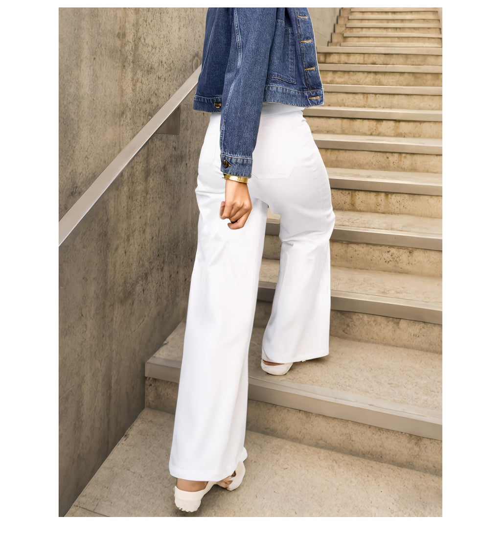 Pantalon grande taille, coupe droite, poches plaquées, tenue franche, vu de dos