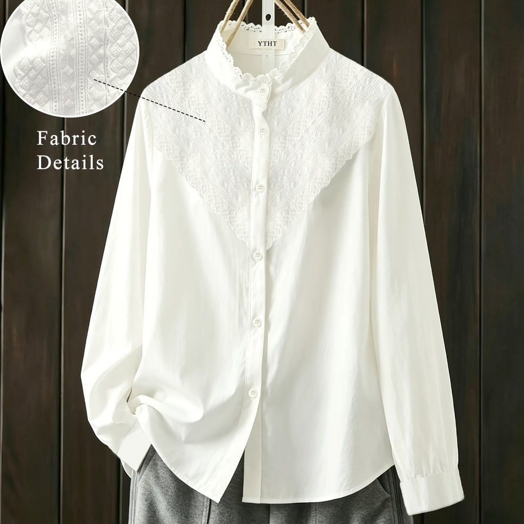 Blouse grande taille en dentelle, dentelle contrastée, effet ajouré — composition : 100% Polyester
