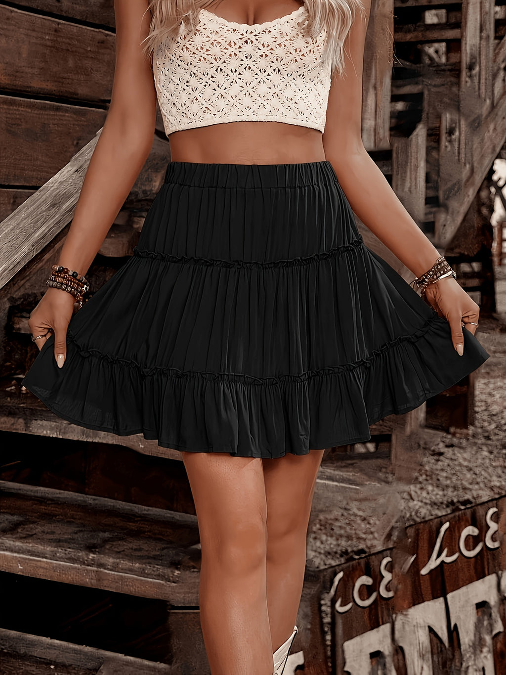 Jupe grande taille, volants, allure élégante, détail du tissu