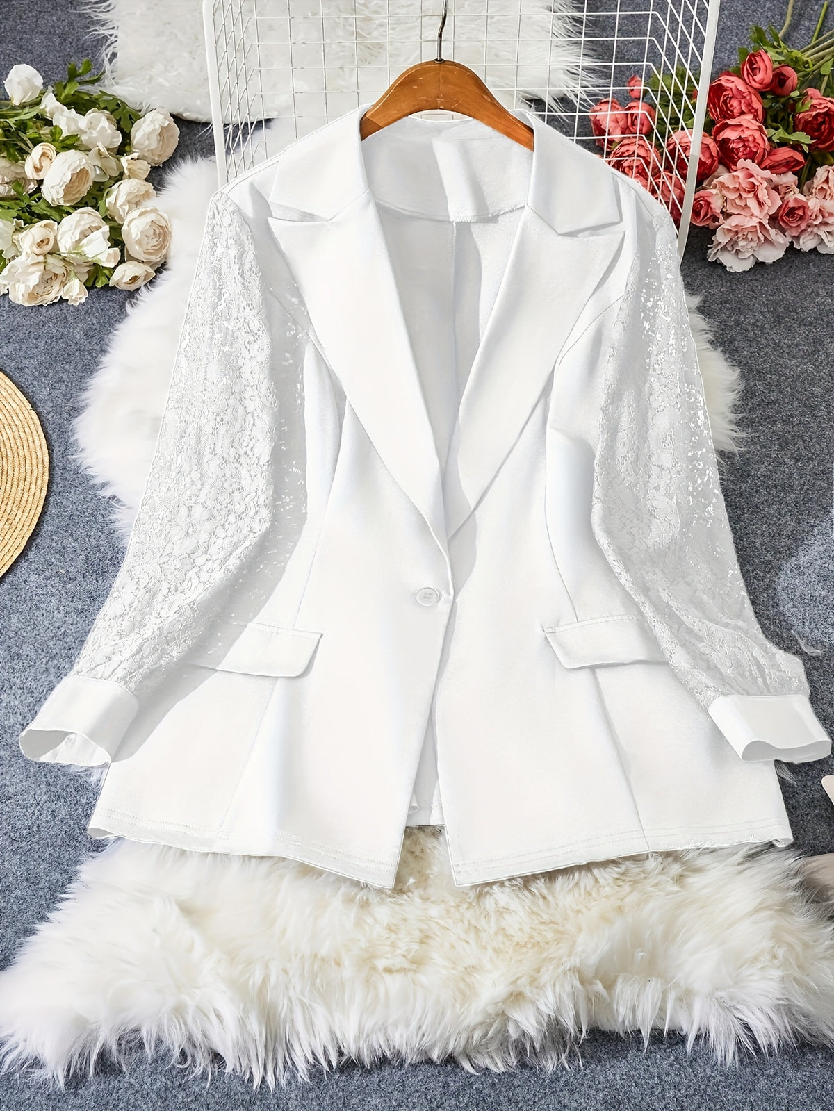 Blazer grande taille en dentelle, effet ajouré, chaleur d'hiver, détail du col