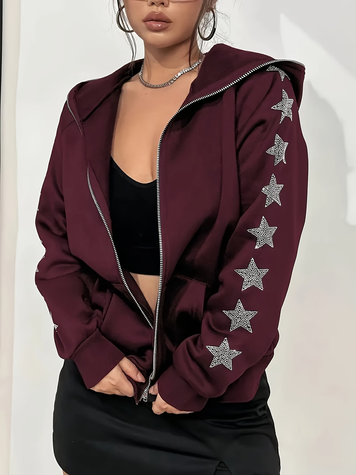 Veste grande taille, strass, fermeture zippée, chaleur d'hiver, détail du col