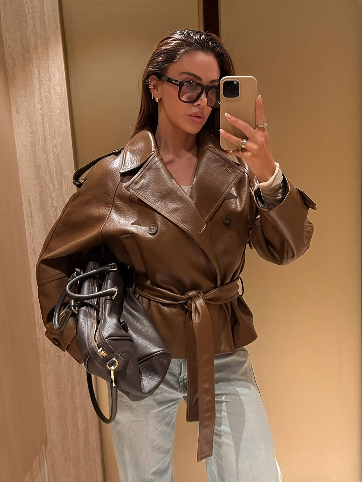 Veste grande taille en cuir synthétique, col