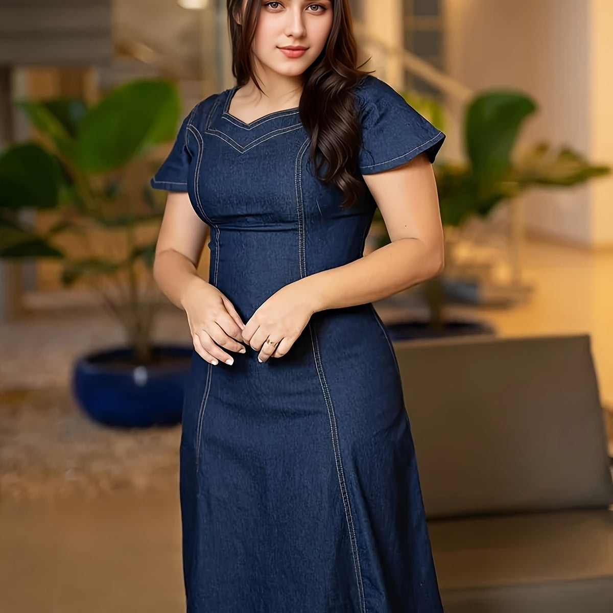 Robe grande taille, col carré, manches courtes, tenue franche — matière : polyester Image