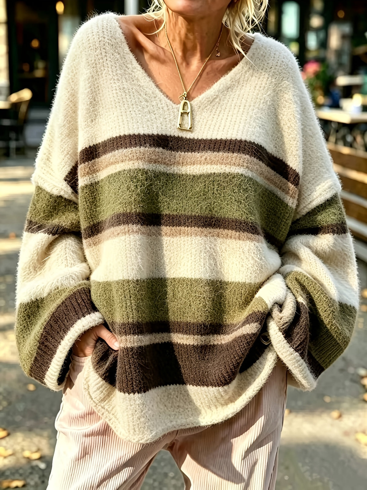 Pull grande taille en laine à rayures, coupe oversize, col V, tenue chaude, porté de face