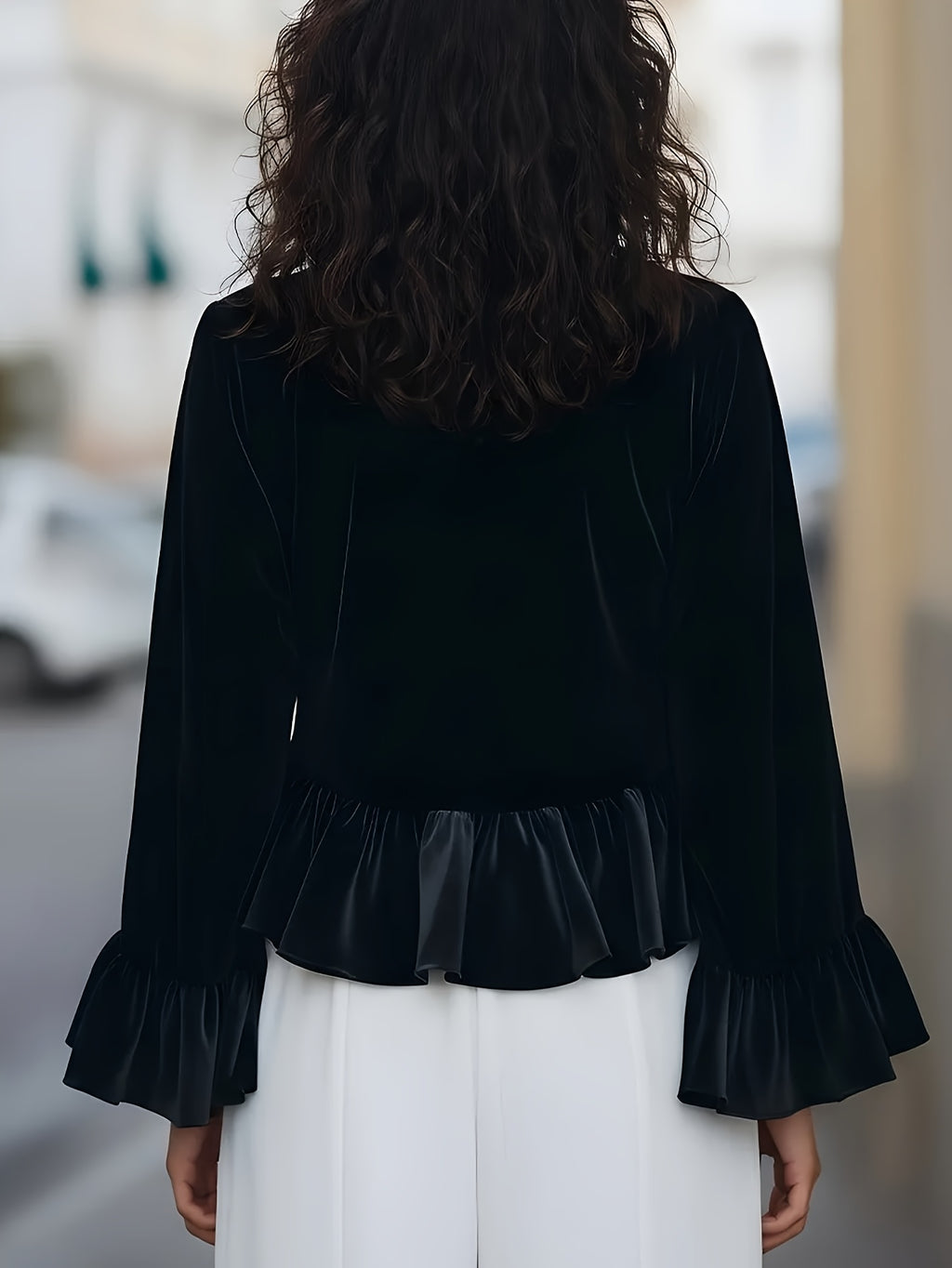 T-shirt grande taille en velours, coupe oversize, volants, manches longues, tissu opaque