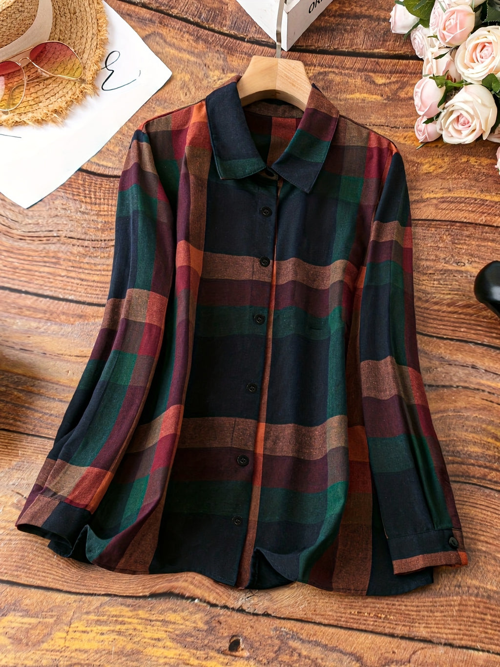 Chemise grande taille à carreaux, coupe droite, manches longues, tombé fluide