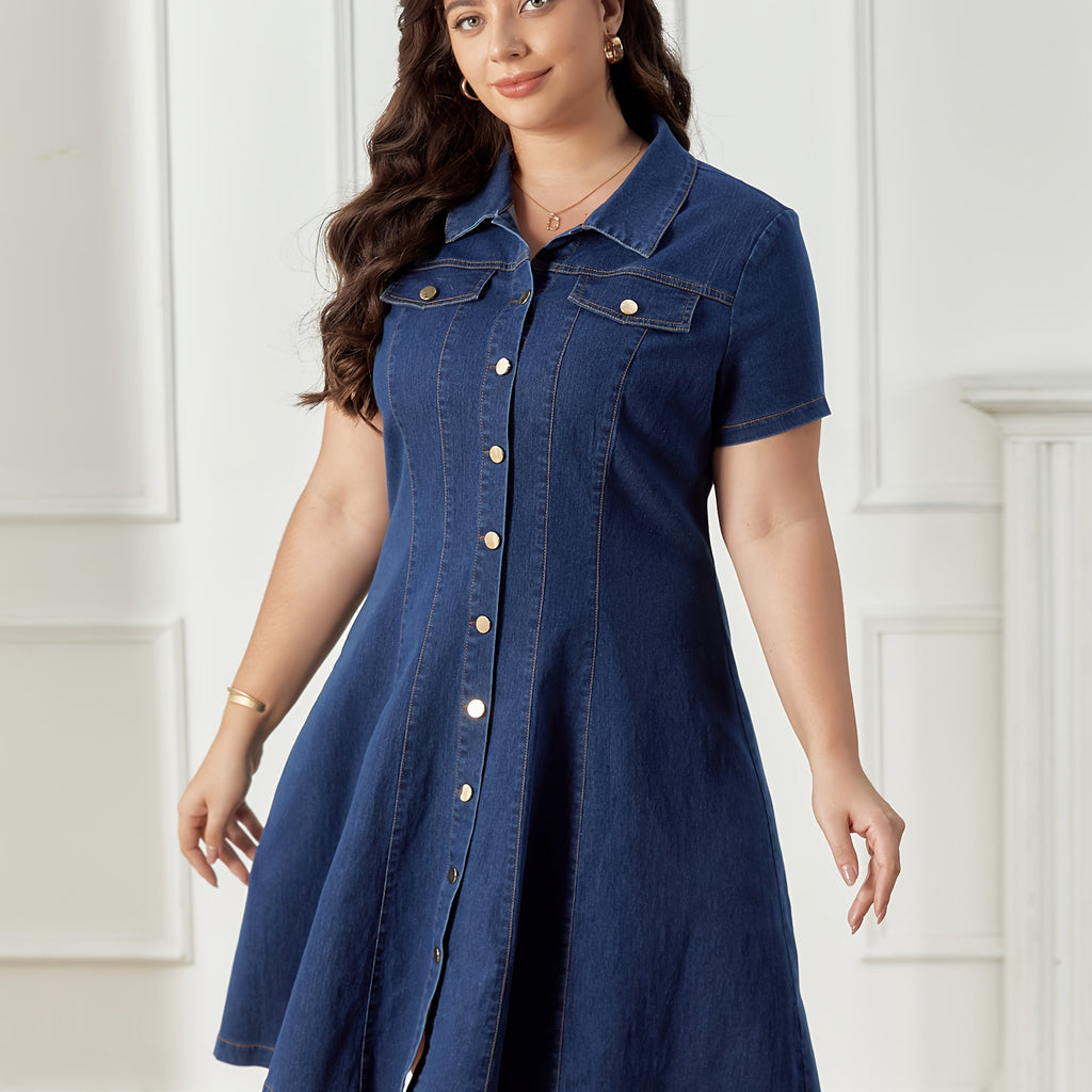 Robe grande taille, boutonnage, tenue franche — matière : denim