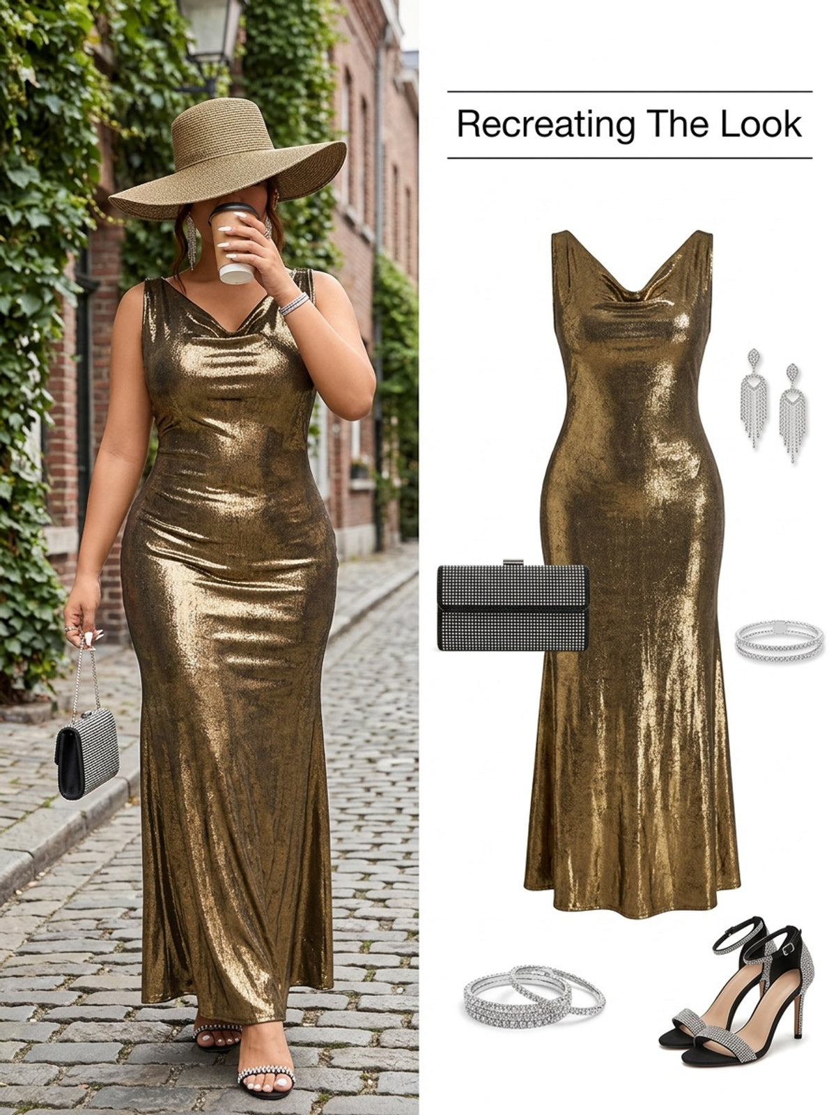 Robe longue grande taille, encolure drapée en lamé