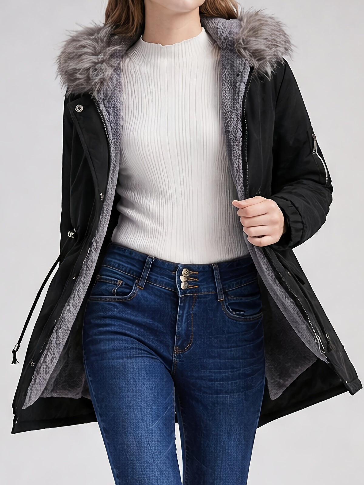 Manteau grande taille, cordon de serrage, capuche, chaleur d'hiver, porté de face