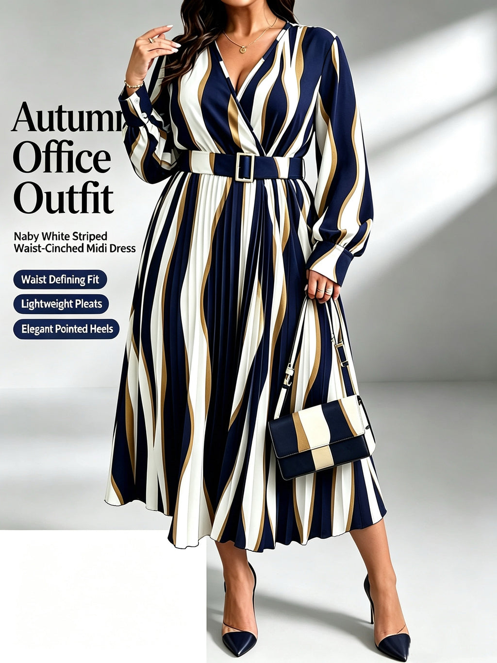 Robe midi grande taille, plissé soleil à rayures ondulées