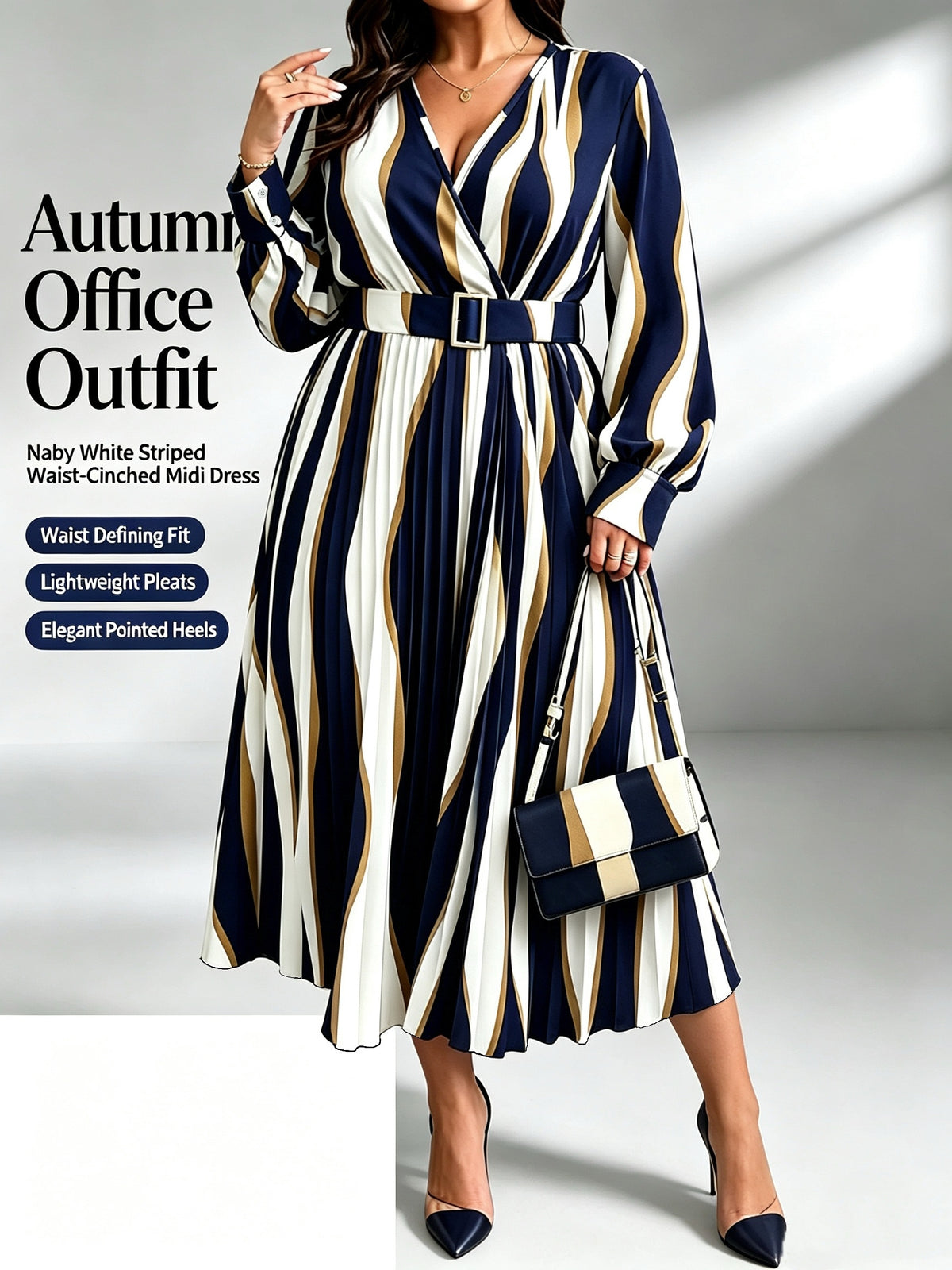 Robe midi grande taille, plissé soleil à rayures ondulées
