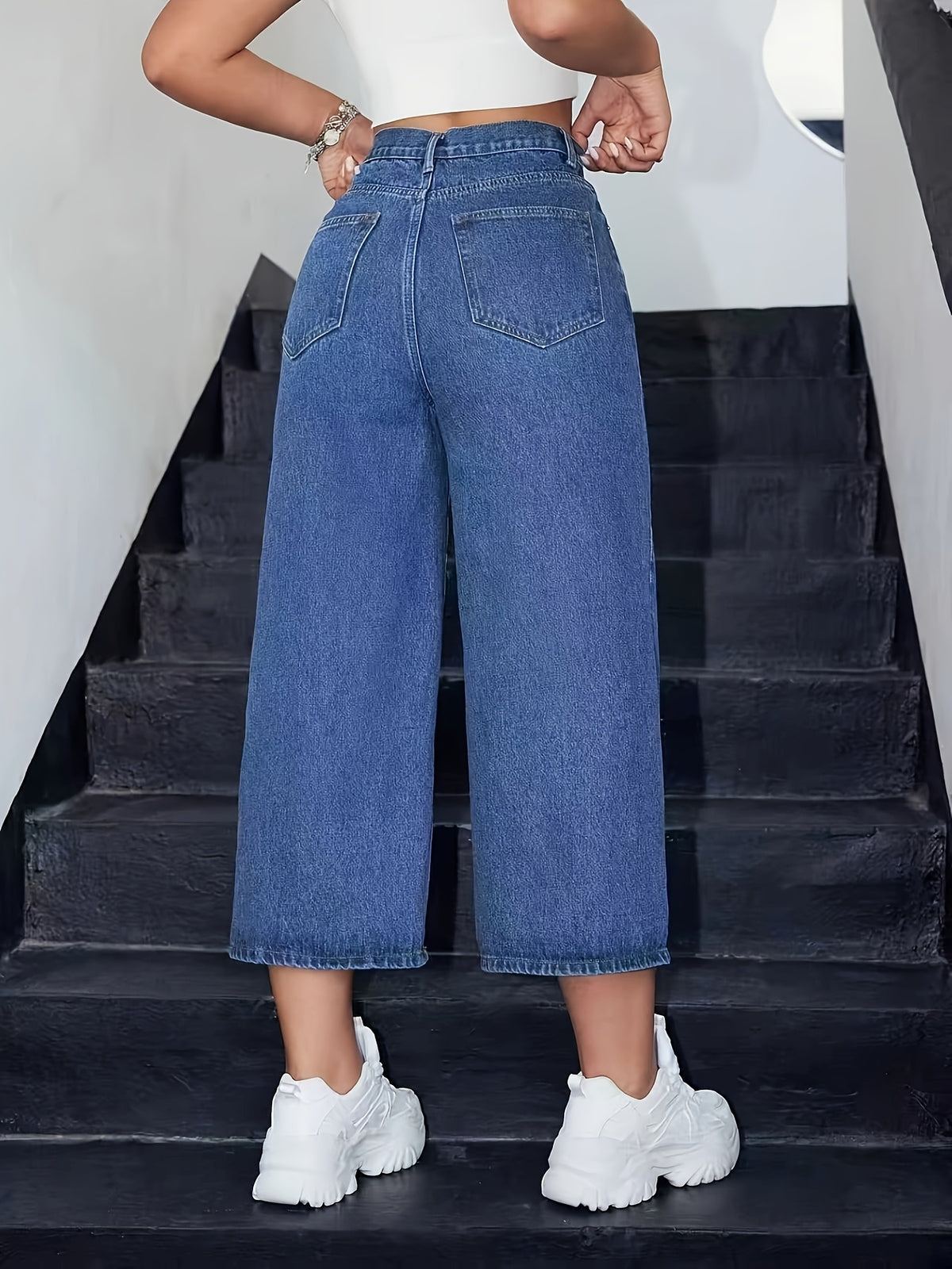 Jean grande taille, coupe oversize, manches trois-quarts, poches pratiques, vu de dos