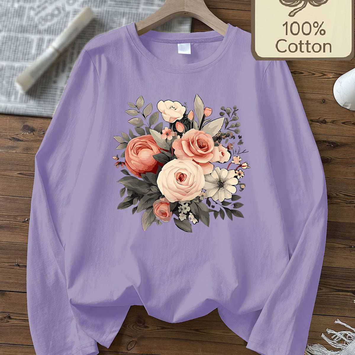 Top grande taille, col rond, manches longues, toucher naturel — matière : coton Image