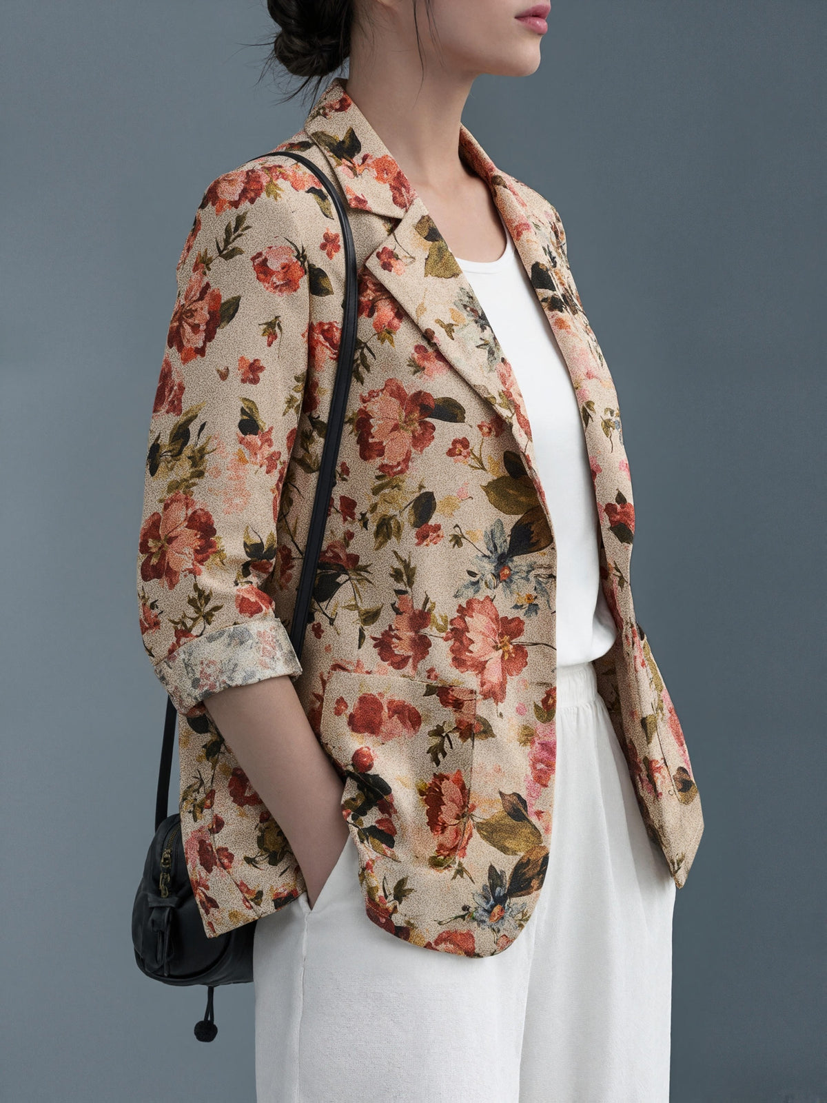Blazer grande taille à imprimé fleuri, coupe ample, tombé fluide