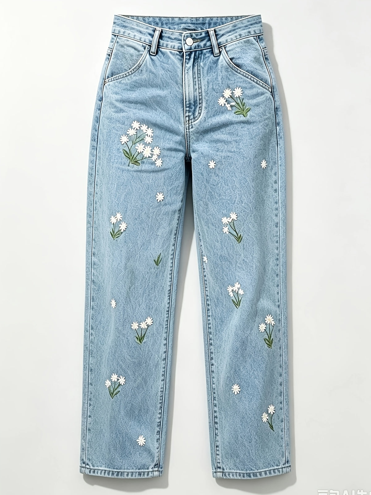 Jean grande taille à imprimé fleuri, coupe droite, broderie, tenue franche, porté de face