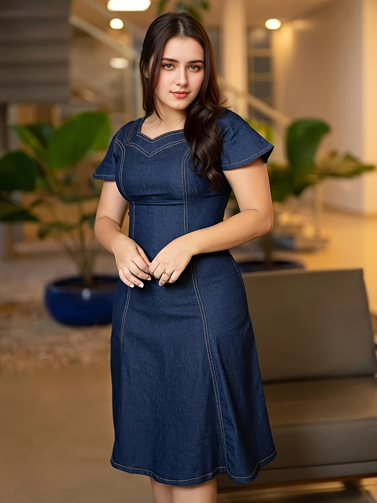 Robe grande taille, col carré, manches courtes, tenue franche, vu de dos
