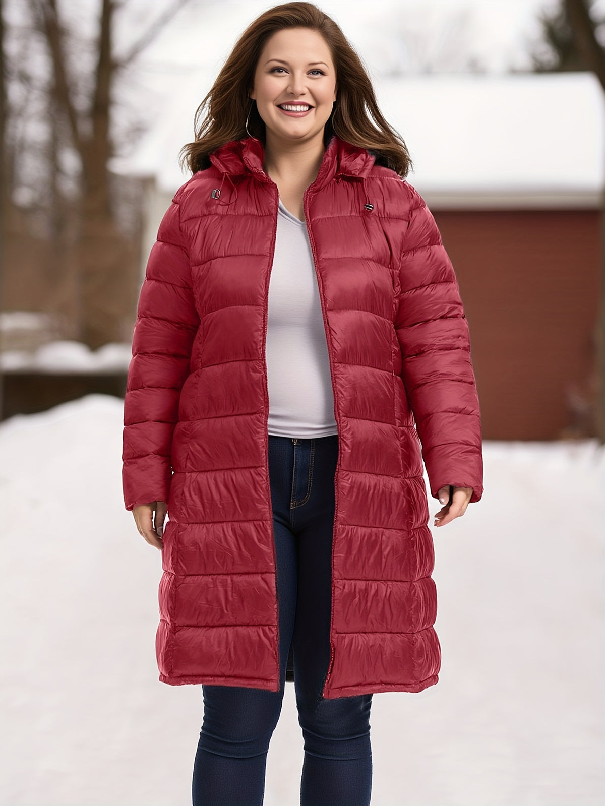 Manteau grande taille, col mao, capuche, chaleur d'hiver, vue de profil