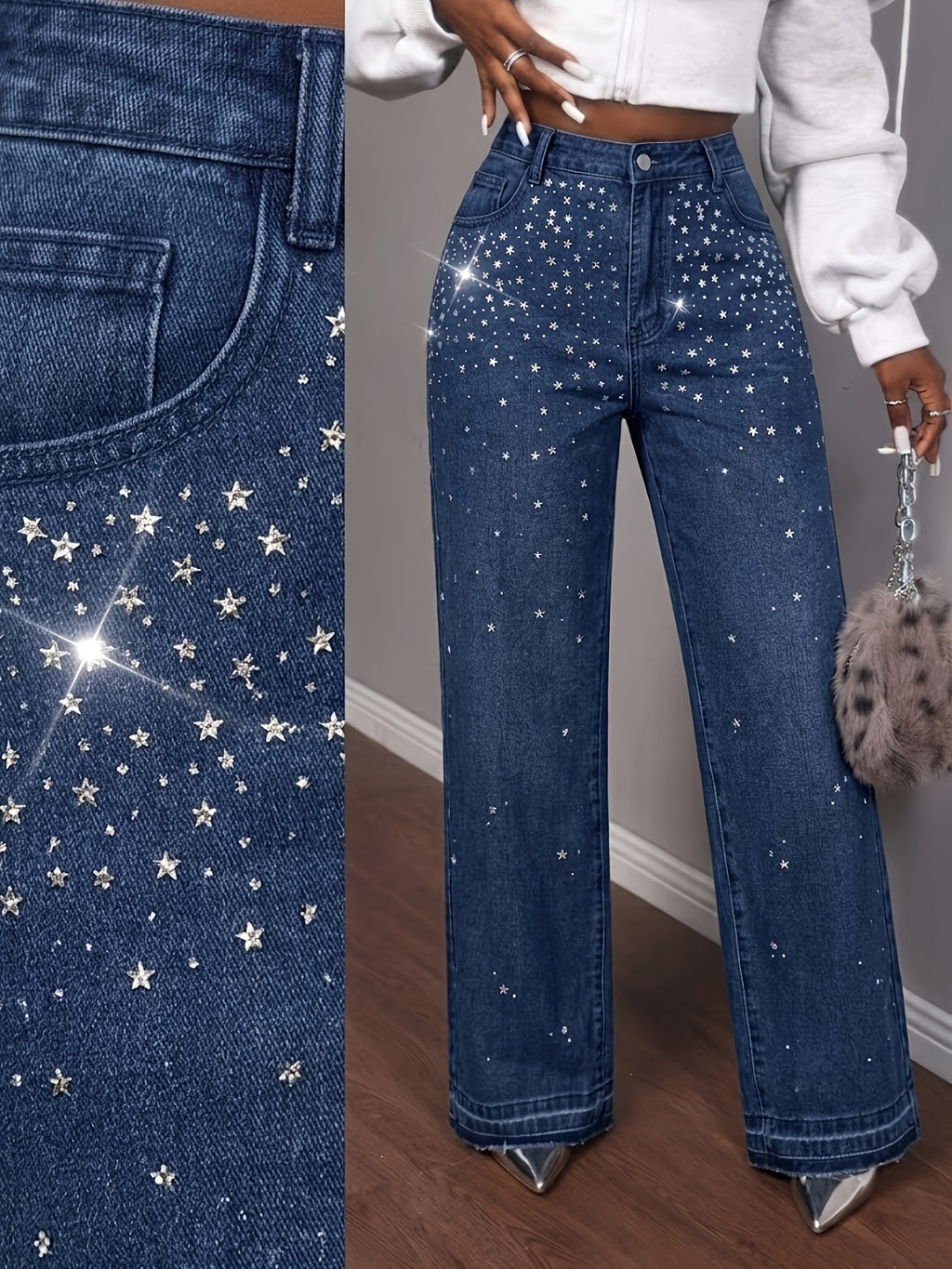 Pantalon grande taille, strass, tenue franche