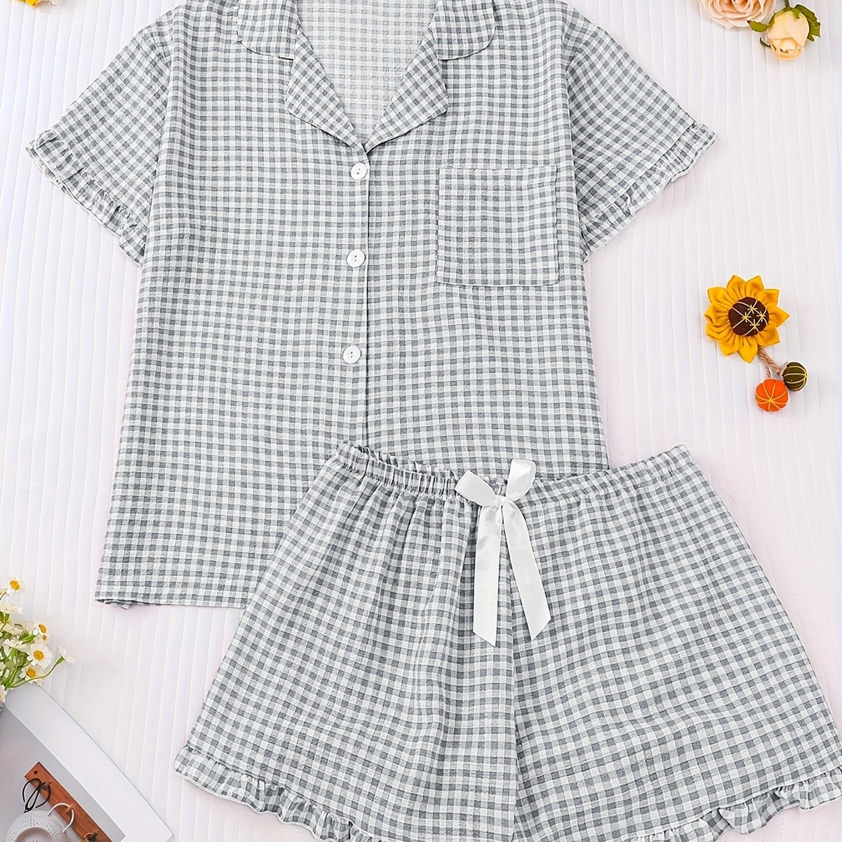 Pyjama grande taille à carreaux, manches courtes, tissu opaque