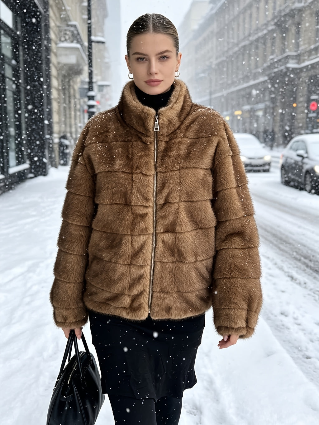 Top grande taille en sherpa, coupe ample, toucher doudou, chaleur d'hiver, détail du col