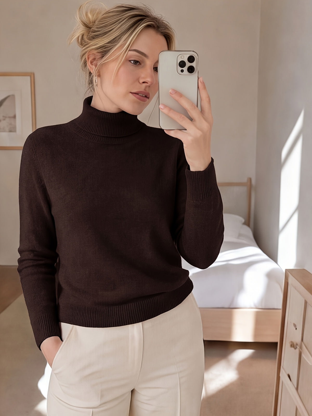 Pull grande taille en laine, manches longues, tenue chaude, mise en situation