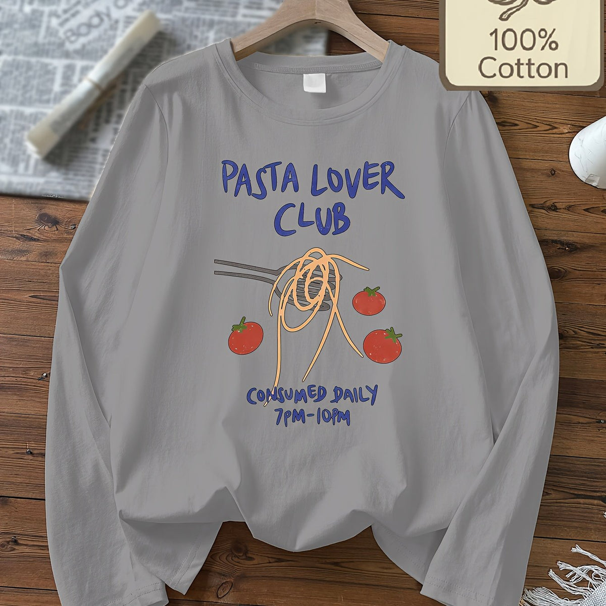 Top grande taille, col rond, manches longues, toucher naturel — matière : coton