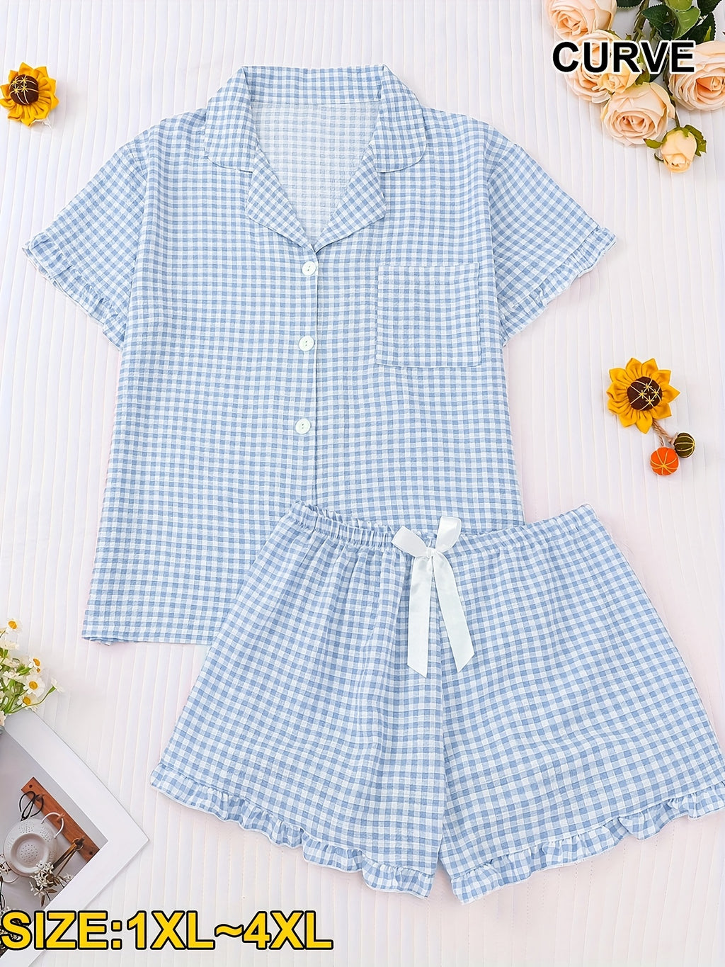 Pyjama grande taille à carreaux, manches courtes, détail du tissu