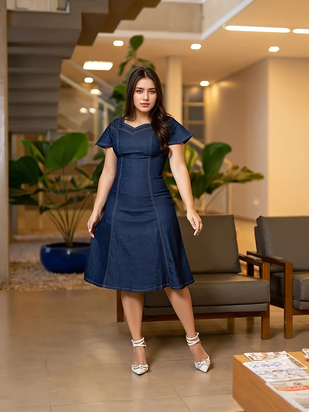 Robe grande taille, col carré, manches courtes, tenue franche, détail du tissu