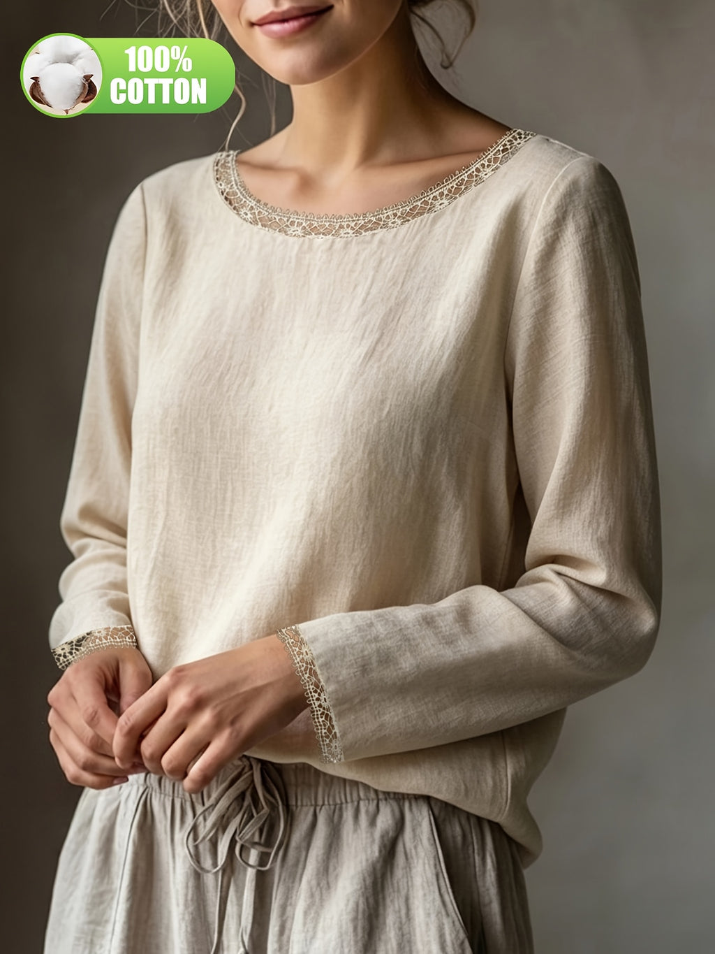 Top grande taille en dentelle, coupe ample, manches longues, toucher naturel, tissu opaque