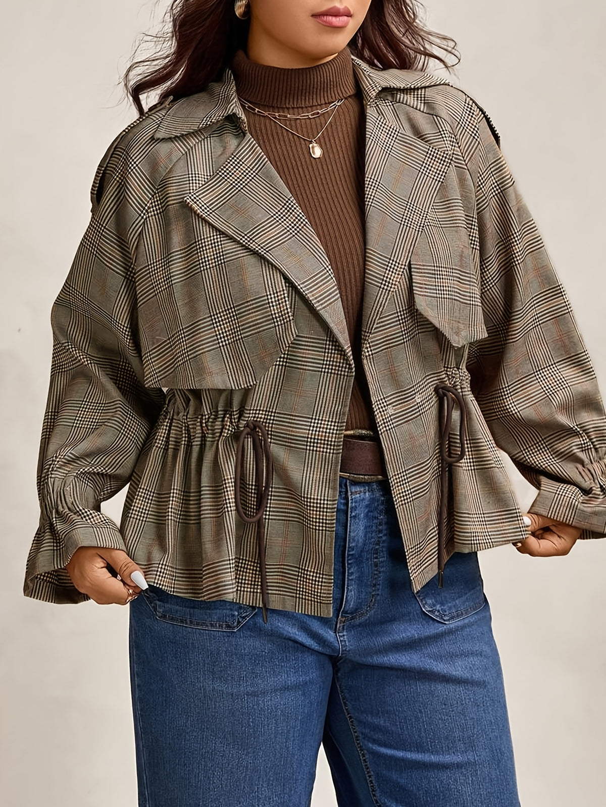 Veste grande taille à carreaux, coupe oversize, ceinture assortie — composition : 97% Polyester, 3% Élasthanne