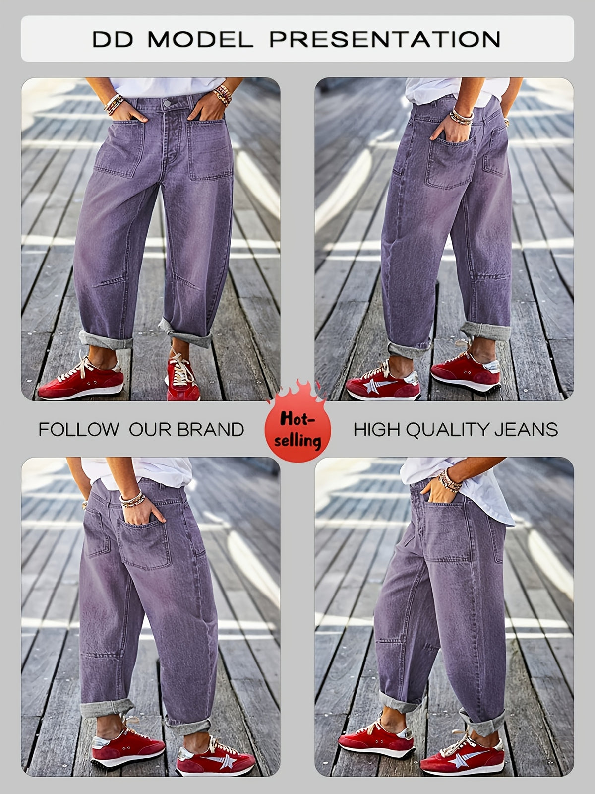 Jean grande taille, coupe droite, délavage doux, poches pratiques, détail du col