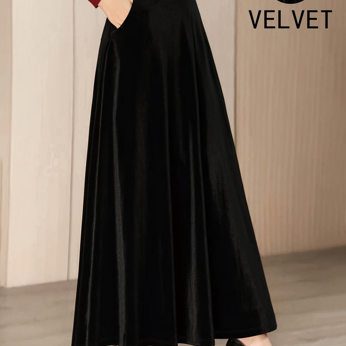 Robe grande taille en velours, coupe évasée, poches pratiques, toucher profond — matière : polyester Image