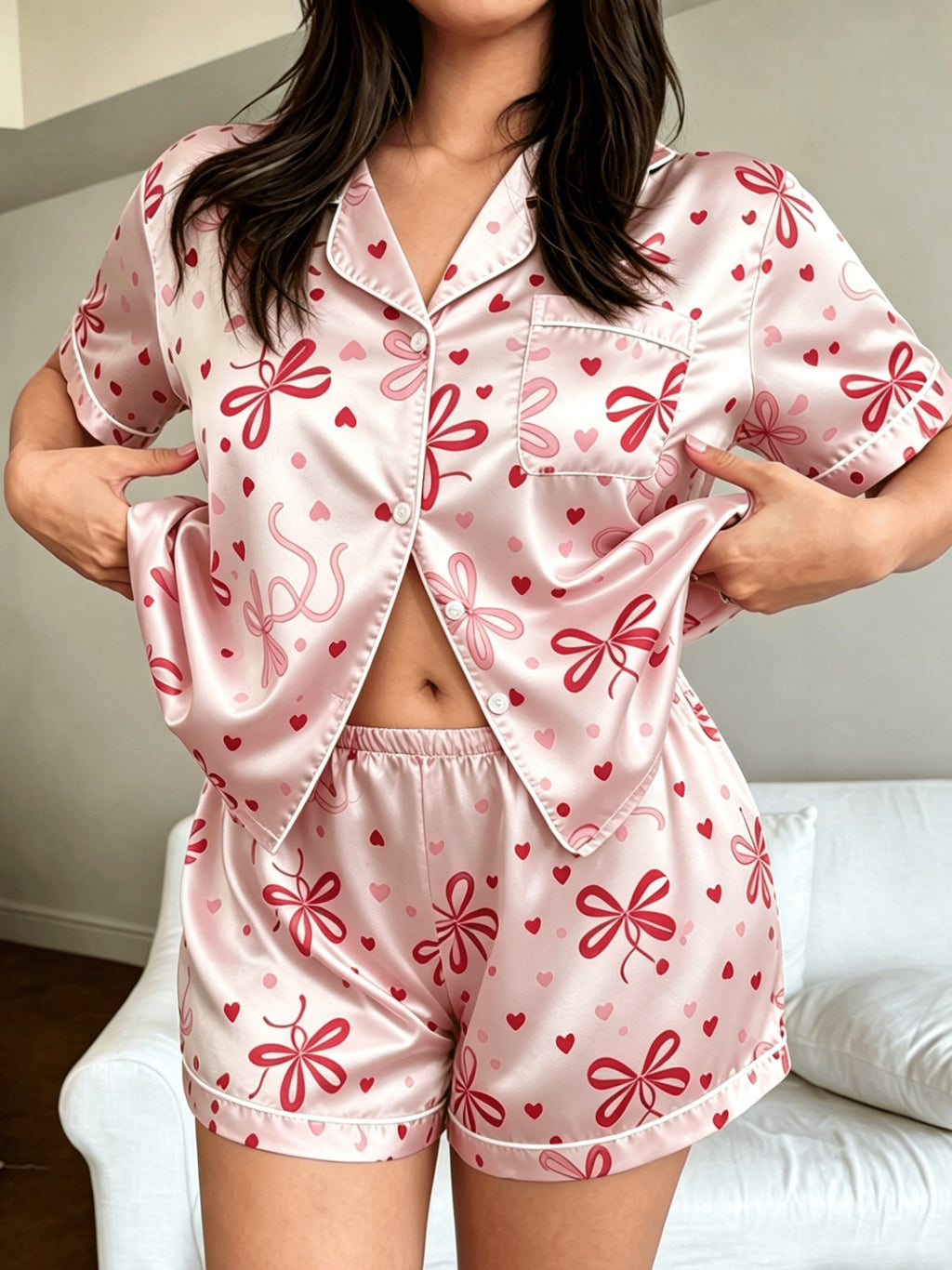 Pyjama grande taille en satin, tombé fluide, basique du quotidien — composition : 97% Polyester, 3% Élasthanne
